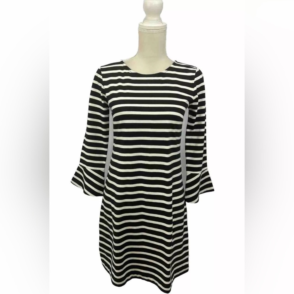 NWOT J.Crew White Black Striped Shift Dress Women’s XS 3/4 Ruffled Sleeves